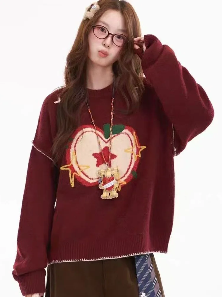 Weihnachten Rot Niedlichen Pullover Frauen Vintage Adrette Lose Druck Gestrickte Jumper Herbst Süße Faul Wind Koreanische O Neck Pullover Top
