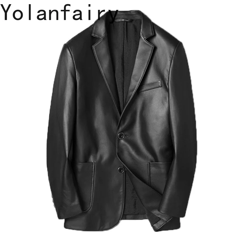 YOLANFAIRY 2025 Genuine Leather Sheepskin Jackets for Men Spring Autumn Black Coats Slim-fit Suit Jacket Blaisers Para Hombre
