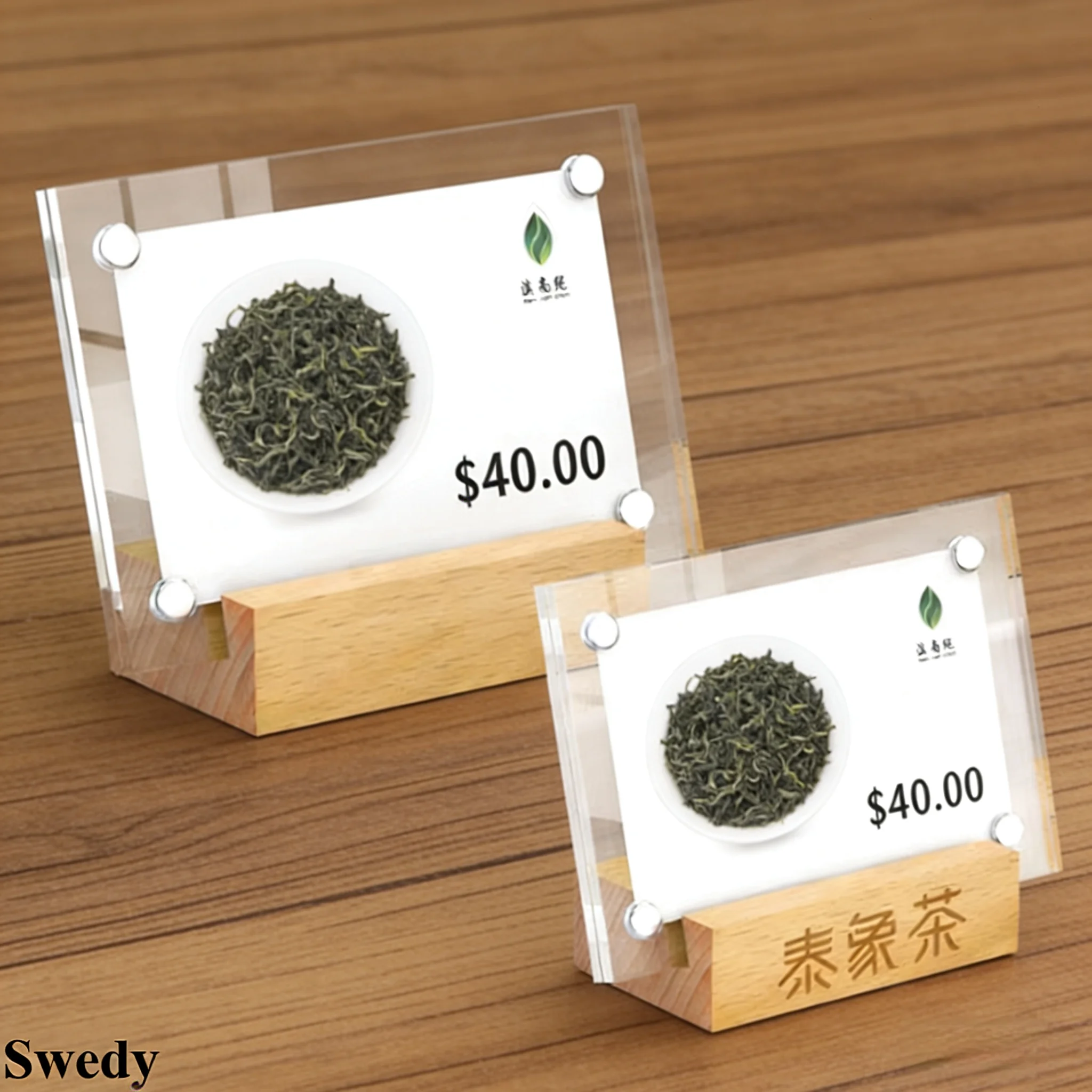 A6 100x150mm suporte de sinal de menu acrílico magnético expositor suporte de cartão de mesa suporte de menu suporte de etiqueta de preço de madeira