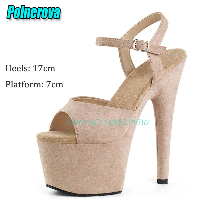 Suede 17CM Super High Heels for Women Chunky Platform Mixed Colors Open Toe Ankle Buckle Sandals Party Pole Dance Runway Shoes