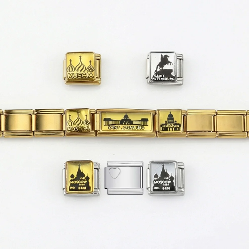 Trendy Architecture Castle Horse Riding Roof Italian Charms Stainless Steel Bracelet Making Design Mothers Day Jewelry Gifts DIY