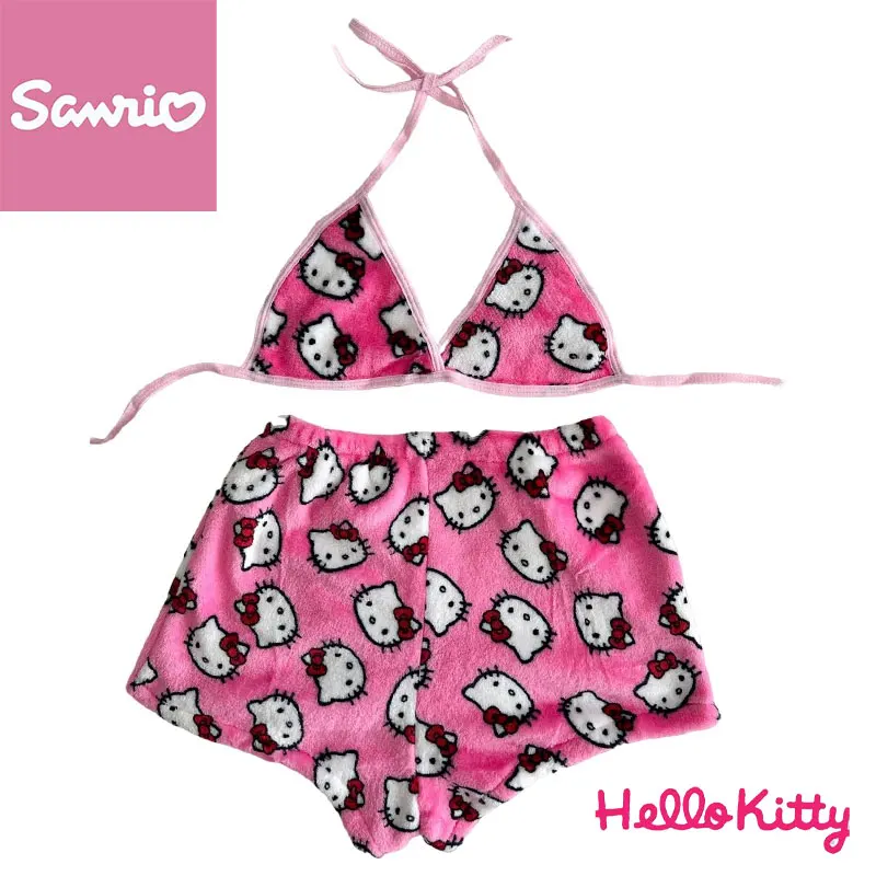 Sanrio Pajama Set Hello Kitty Womens Y2K Pajamas Shorts with Bra Soft Flannel Sleep Bottoms Women Pink Bra Homewear Two-Piece