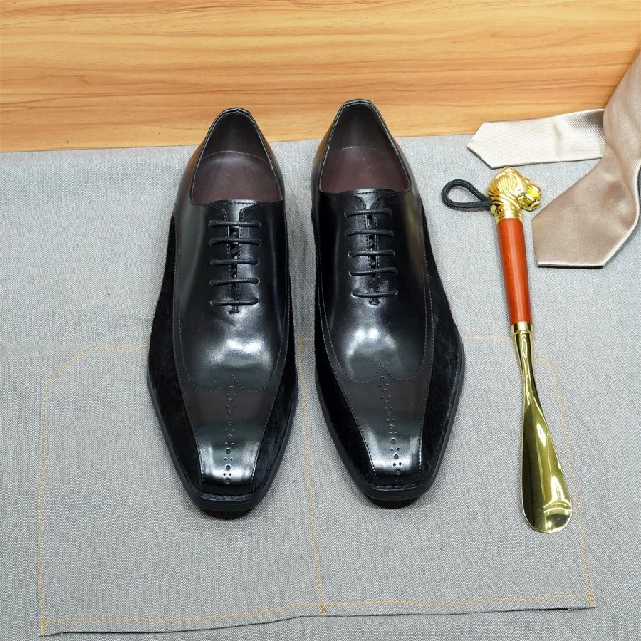Italian Genuine Leather Oxford Men's Shoes Black Velvet Lace-Up Luxury Pointed Toe Elegant Shoes for Prom Wedding
