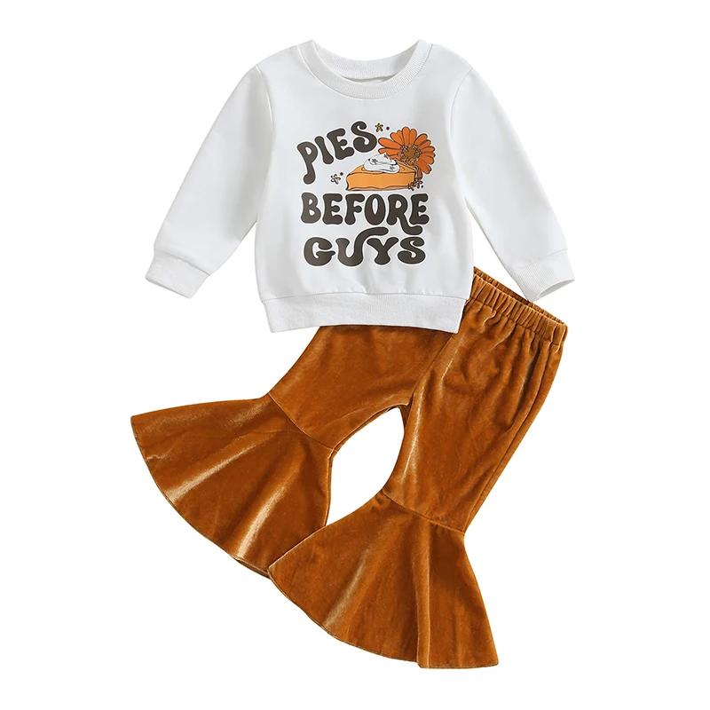 Toddler Baby Girl Halloween Thanksgiving Outfit Pumpkin Pies Sweatshirt Long Sleeve T-Shirt Bell Bottom Pants Set