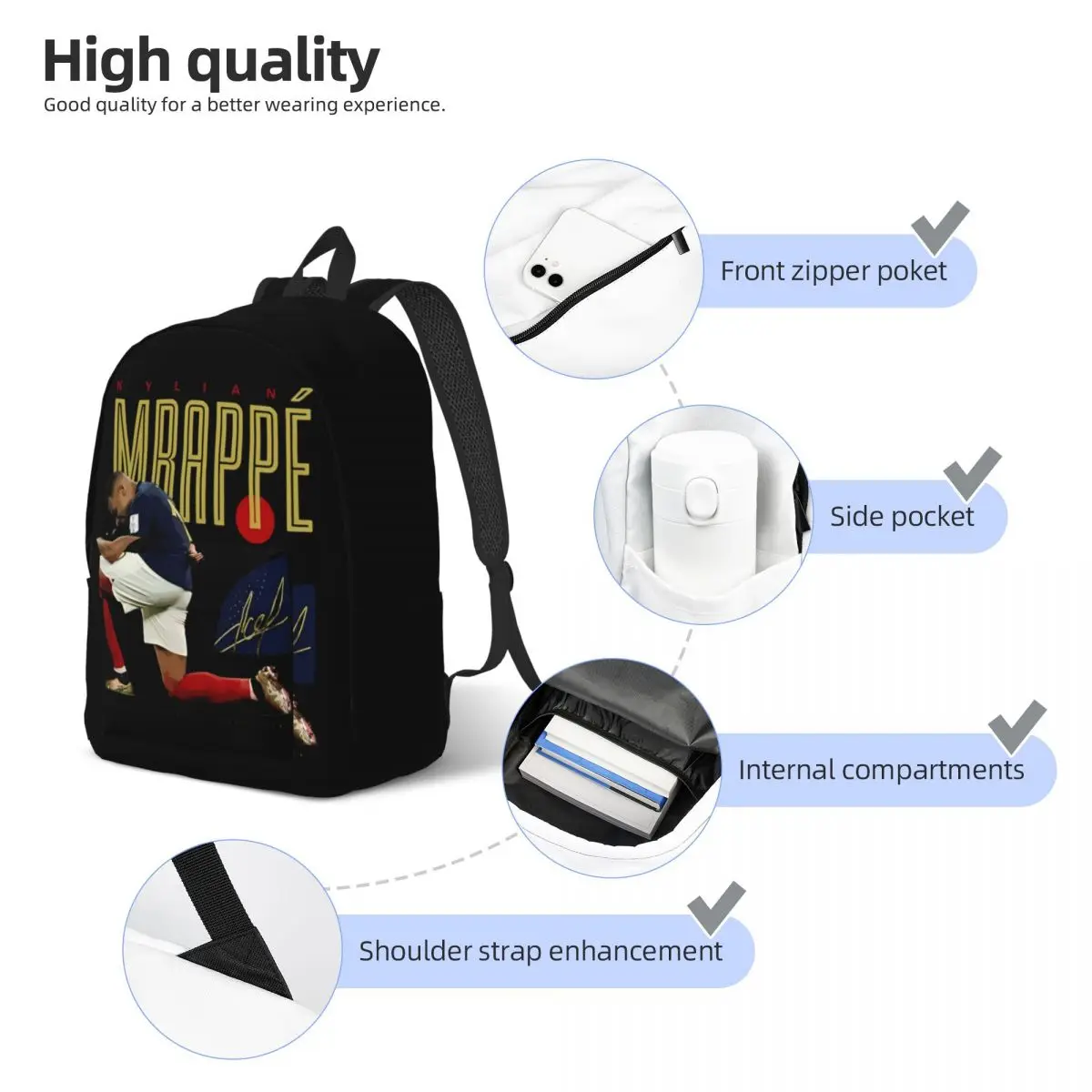 Soccer Mbappe Km Logo Sport Lover Teenage Backpack Durable Student Business Daypack for Men Women College Shoulder Bag