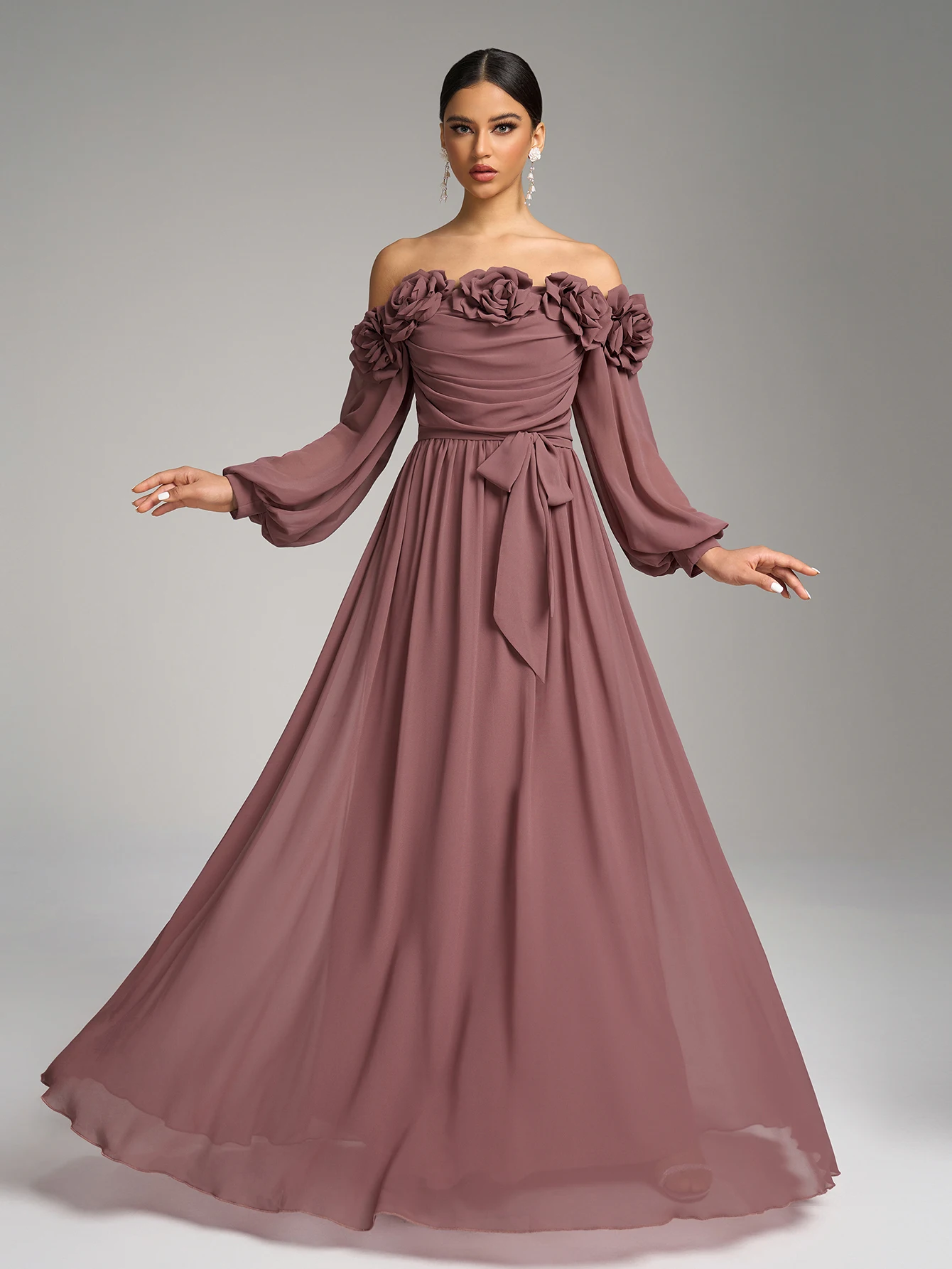 UNITHORSE Abito monospalla con maniche a lanterna e decorazione floreale, elegante abito da sera lungo fino al pavimento