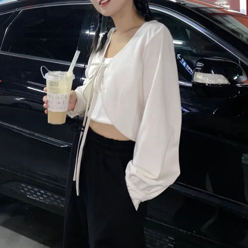 Jackets Women Coats Summer Korean Style Crops Sunscreen V-neck Harajuku Clothes Elegant Soft Long Sleeve Temperament Pure Simple