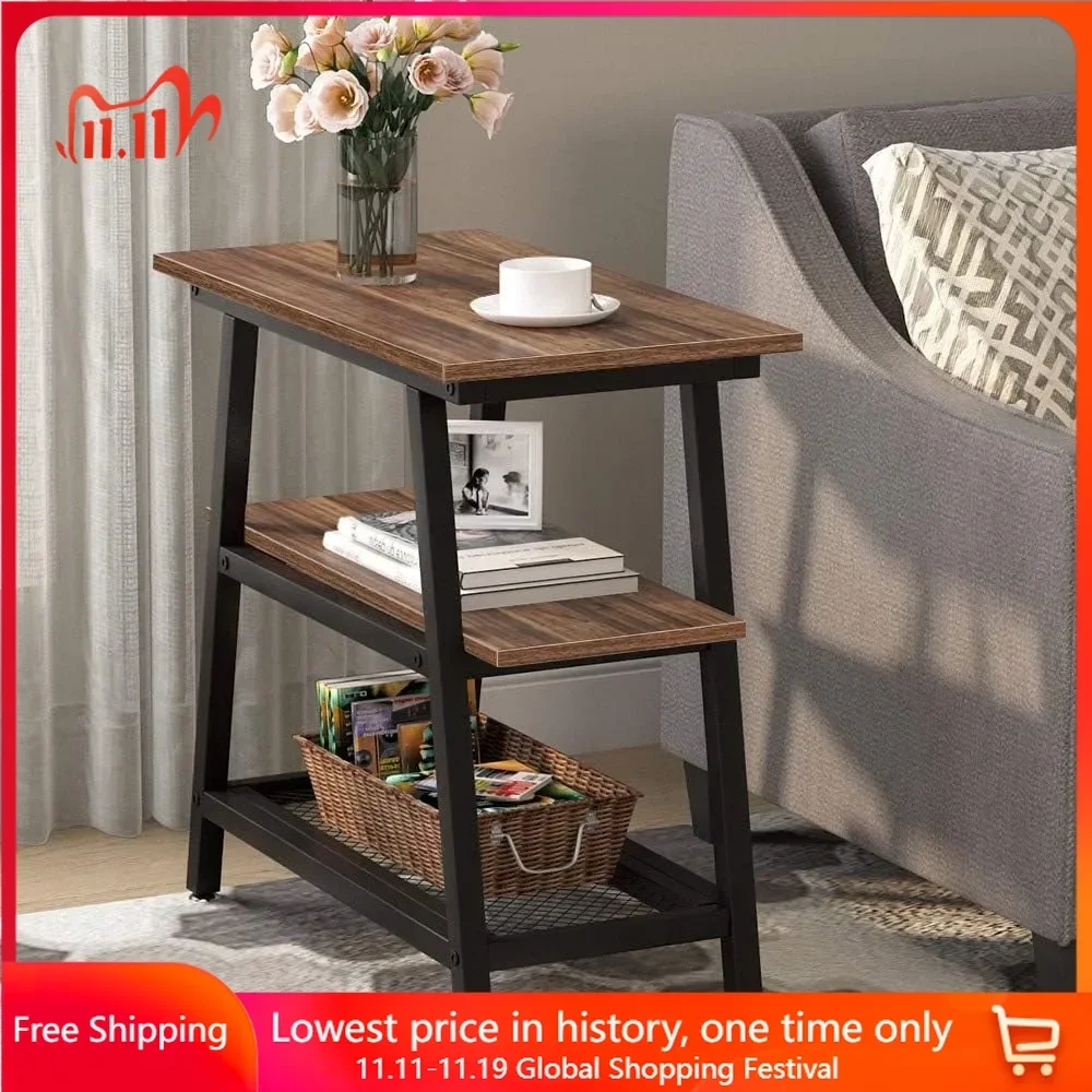 

Solid Wood End Table, 3-Tier Narrow End Table with Metal Mesh Storage Shelf, Industrial Nightstand ,Storage End Tables