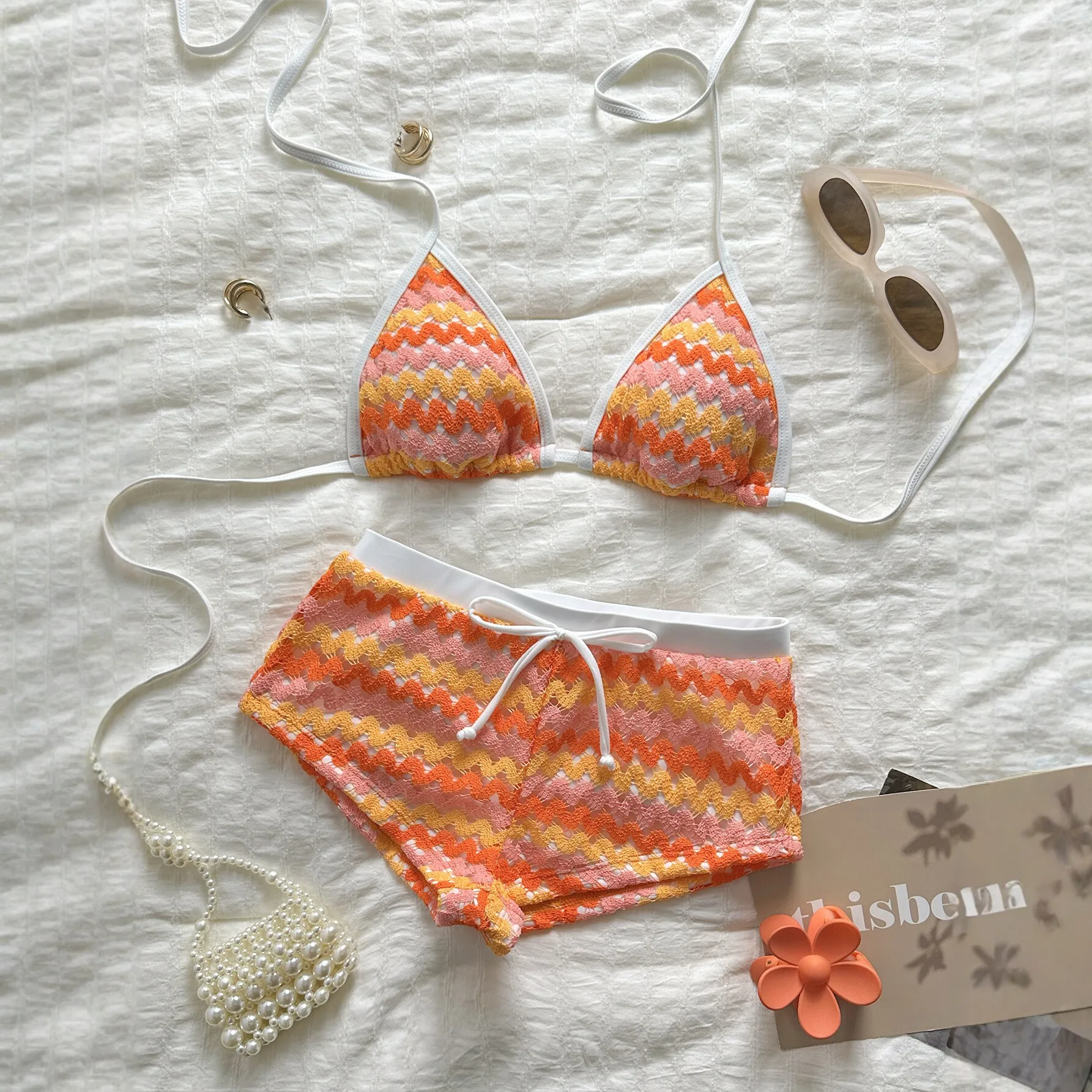Women Sunset Gradient Hollow Lace 2 Piece Bikinis Set Bathing Suit Halter Bikini Front Tie Ruched Boy Short Pool Swimwear