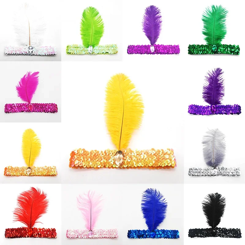 20pcs Elastic Ostrich Diamond Feather Hair Band Sequin Headband Cosplay Headwear Party Favors