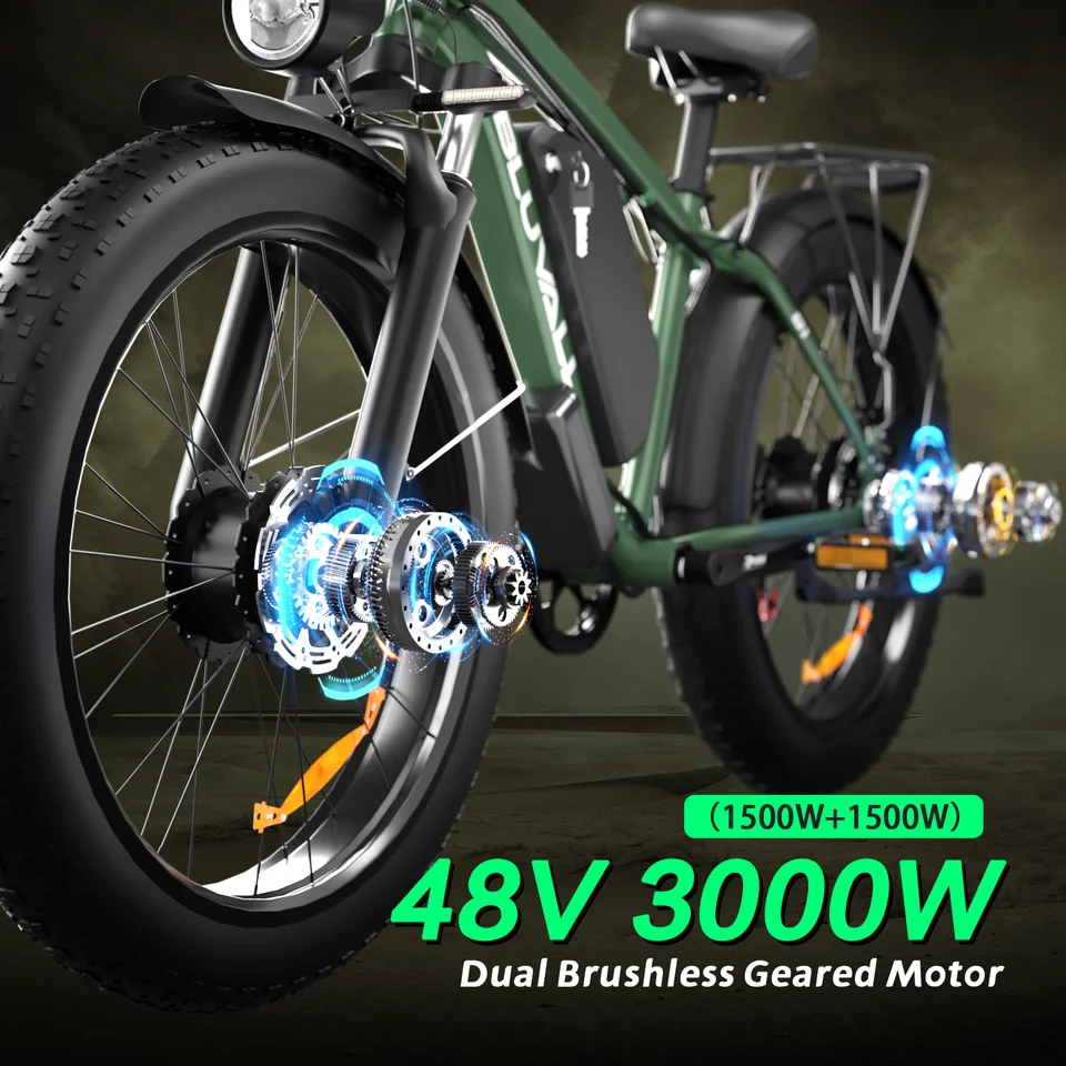 US Stock Electric Bike Ebikes for Adults Dual Motor AWD 5000W Peak 48V 25Ah 1200Wh 35MPH 26"x4.0 Fat Tire Off Road Bicycle 180N.m 330lbs Load Full Suspension Hydraulic Brakes image 8