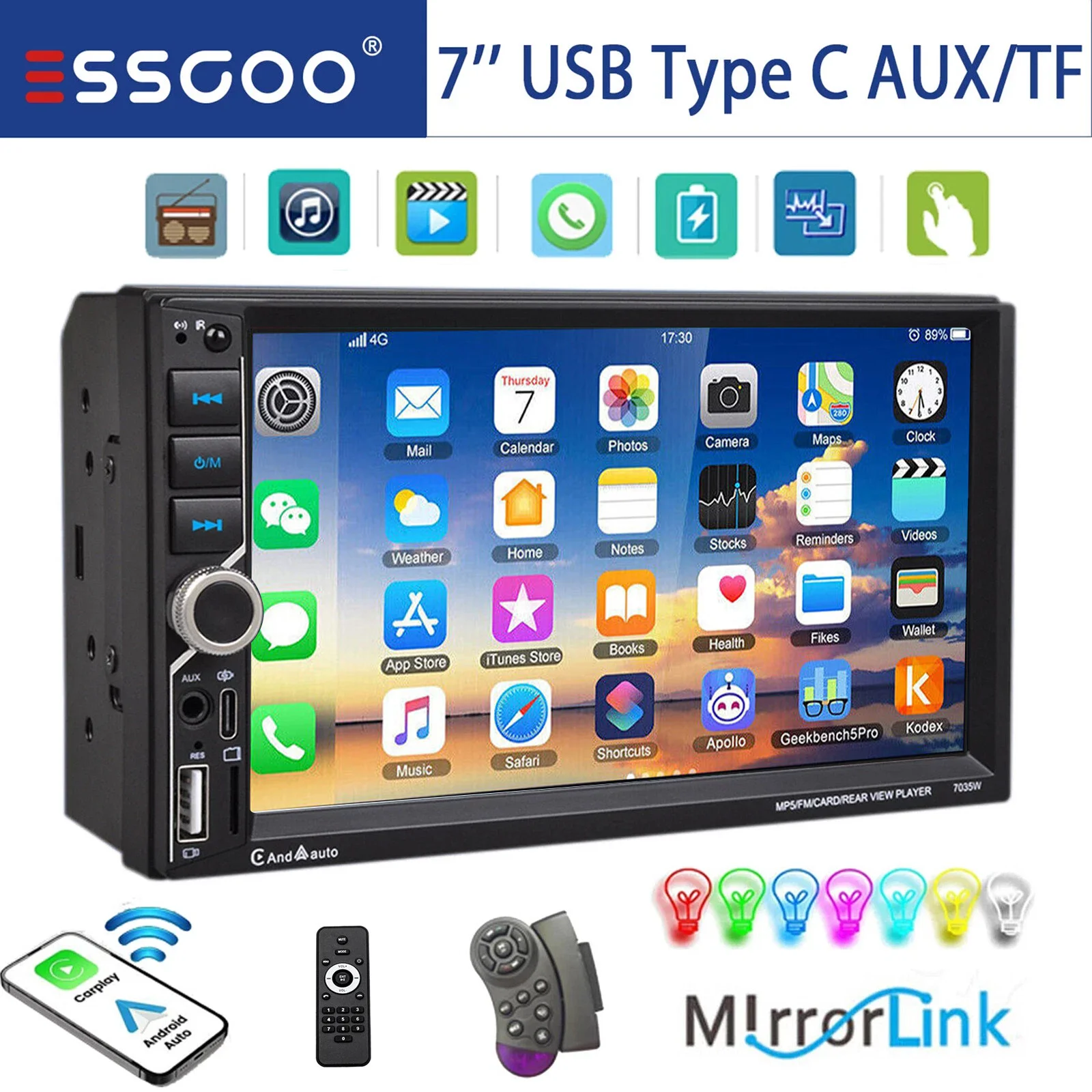 ESSGOO Autoradio Universel Double 2 DIN 7 Pouces Écran Tactile HD CarPlay Sans Fil Android Auto Bluetooth 5.0 USB AUX TF Égaliseur Mirror Link Commande Volant Type C SD Lecteur MP5