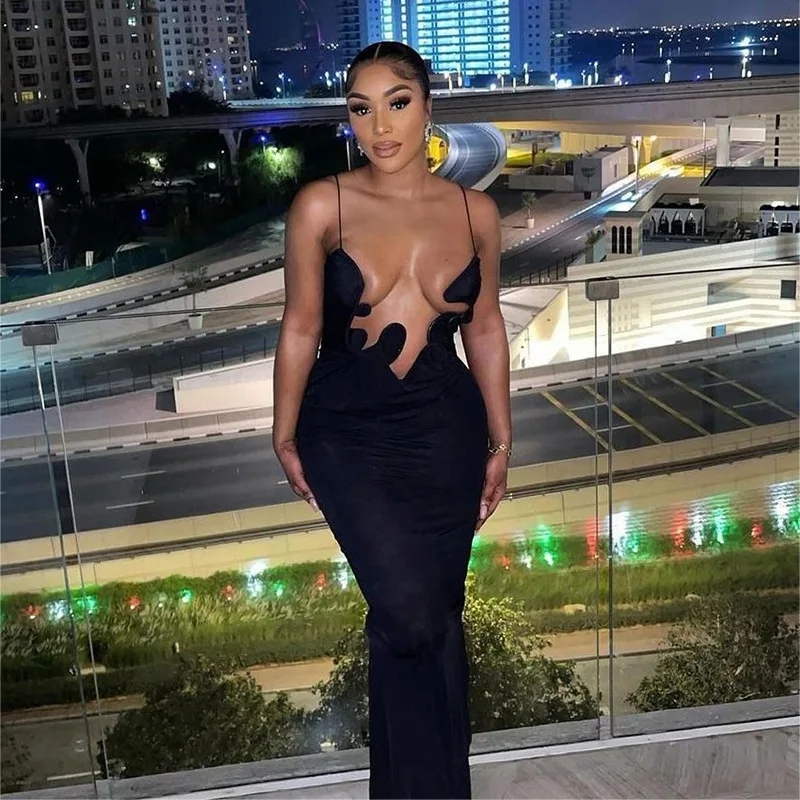 

Women's Sexy Hollow Out Slit Slim Long Dress Women Y2K Club Long Ruched Elegant Black Dress Summer Bodycon Nightclub Outfits