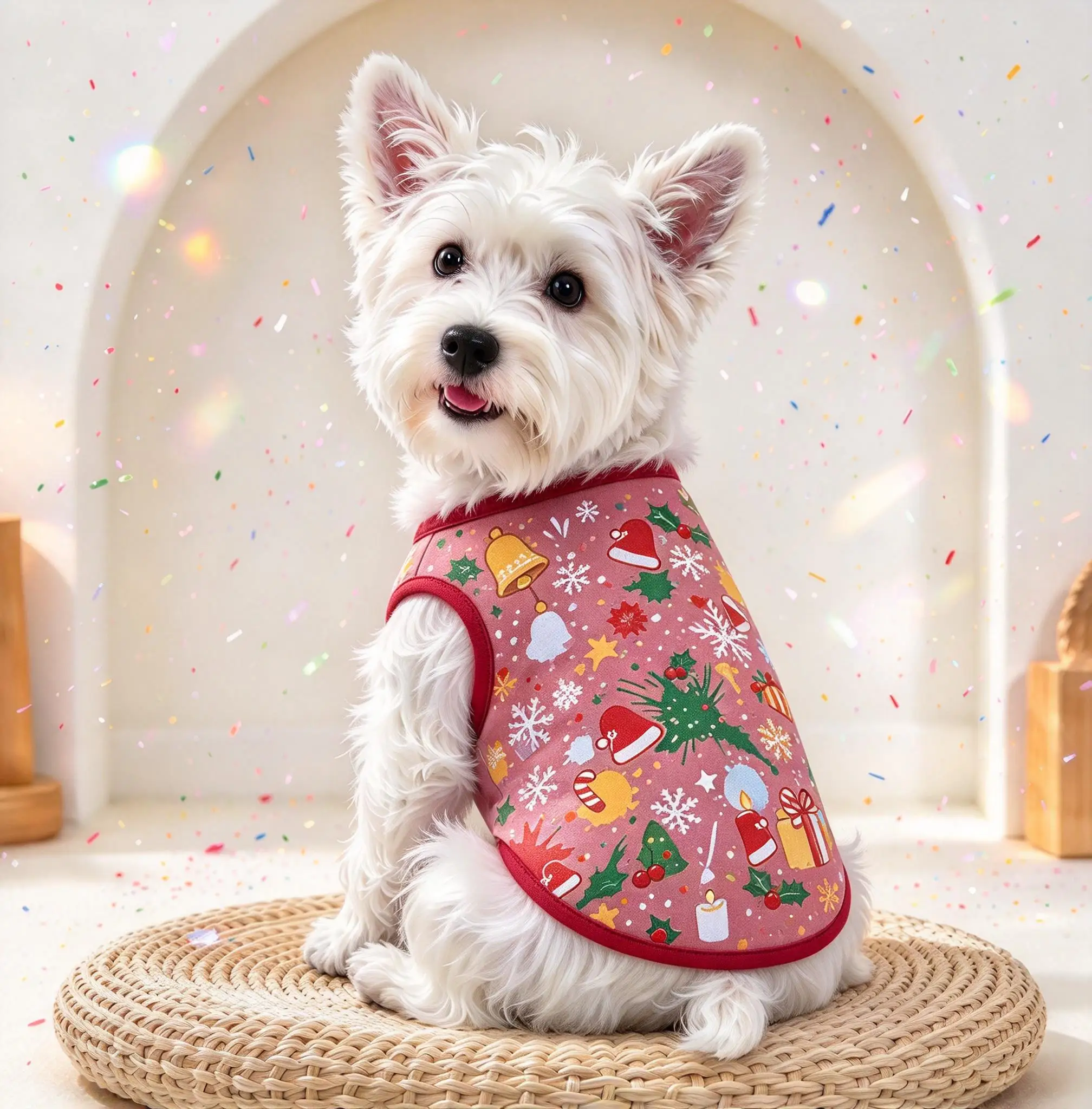 Christmas Pet Sleeveless Vest, Cute Xmas Elements Print Tank Top, Soft Holiday Party Clothes for Cats & Dogs