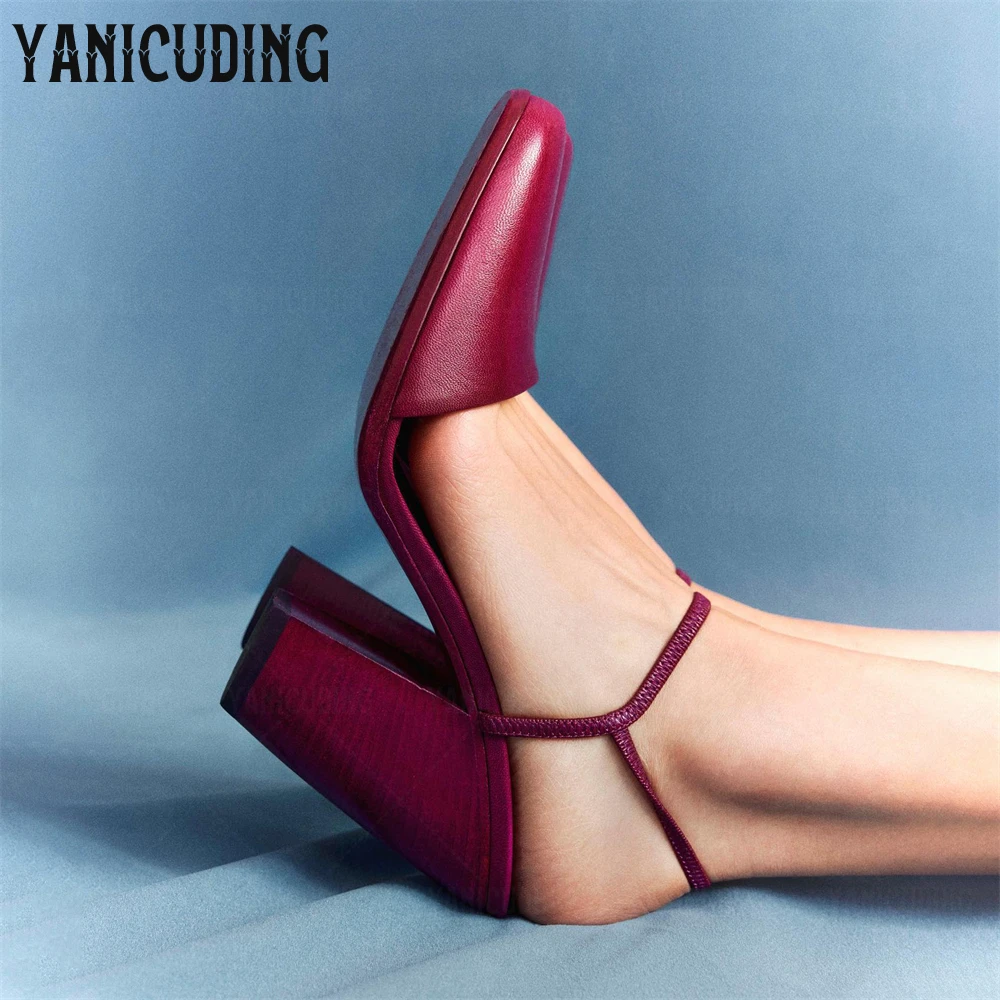 

Square Toe Chunky Sandals Designer Style Ankle Strap Summer Shoes Concise Classic Style Solid Color Leather High Heeled Sandals