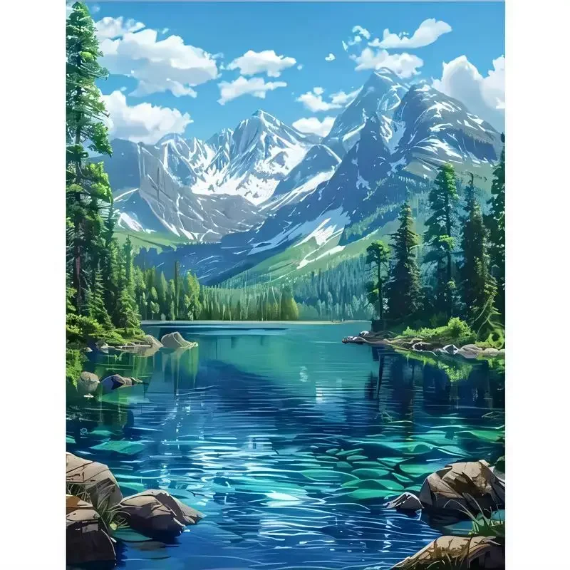 HD Printed Snow - Capped Mountain & Lake Forest Nature Landscape Metal Tin Painting - Vibrant Blue Green Wall Art, Iron Mater