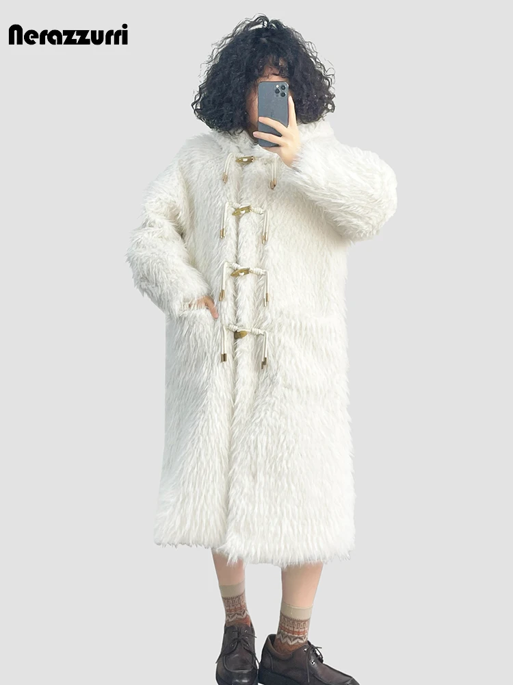 Nerazzurri Autumn Winter Long Shaggy Hairy Thick Warm Soft Faux Fur Coat Women with Horn Buttons Preppy Style Fluffy Jacket 2023