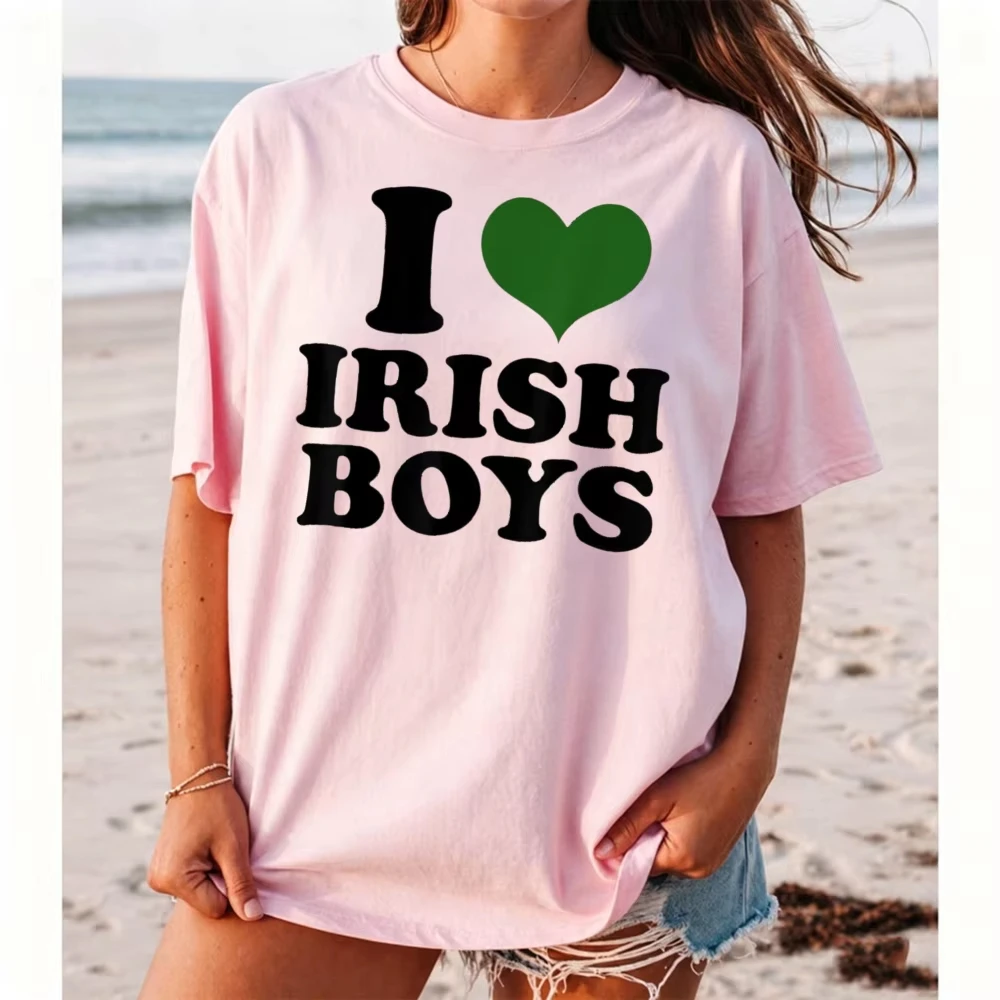 I Love Irish Boys Green Heart Valentines Slogan Print Women Pink Loose T Shirt Romantic Dating Night Outfit Gift For Girlfriend