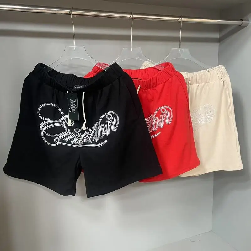 

25ss новые смешанные эмоции с вышивкой, красные абрикосовые шорты высокого качества, вафельные шорты для сна, летние спортивные брюки длиной до колена