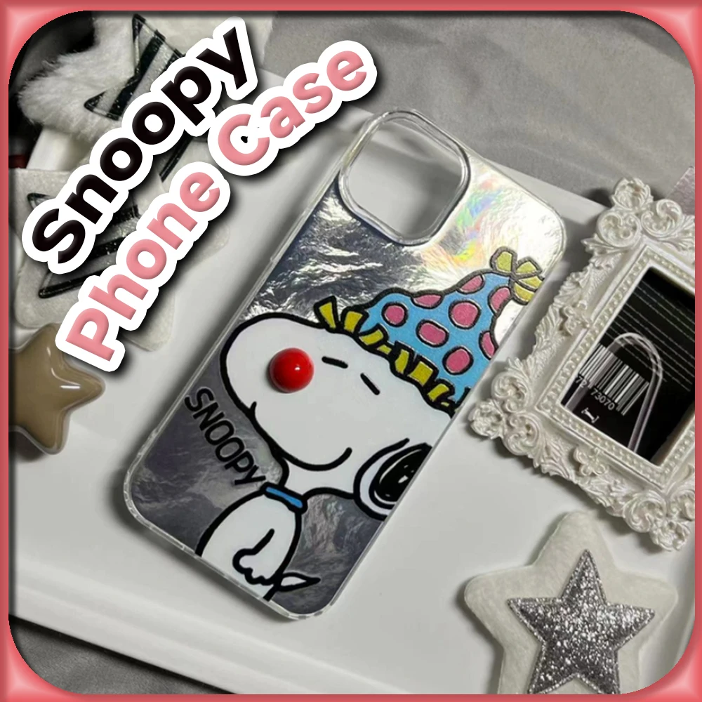 Kawaii Snoopy Anti-Scratch Case for IPhone16 15 14 13 12 11 XS/XR Pro Max Anime Fashion Protective Cover with 3D Nose Ornament