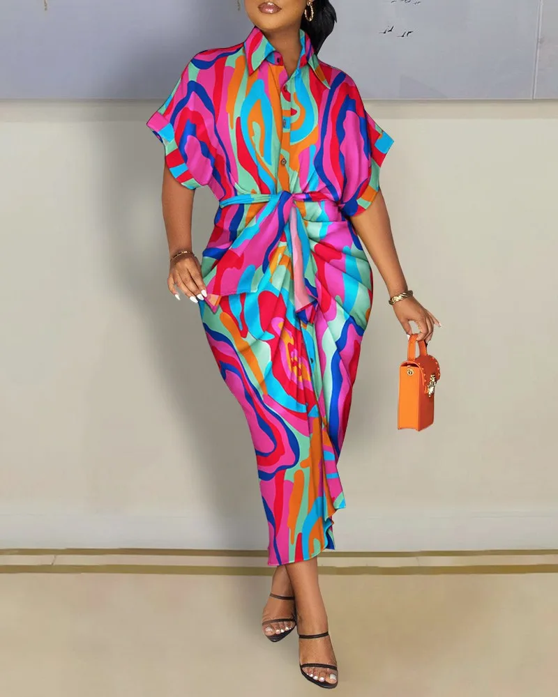 ชุดเดรสเสื้อเชิ้ตสตรีฤดูร้อนแขนสั้นปุ่มลงปกพิมพ์ชุดแฟชั่นหลวม Holiday Party ชุดราตรี 2025 Vestidos