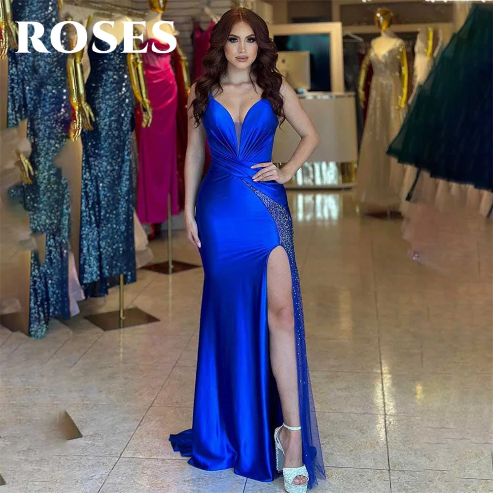 

ROSES Blue Evening Dress Spaghetti Strap Mermaid V-Neck Party Dress Vestido De Novia Sexy Pleat Side Split Sleeveless Prom Dress