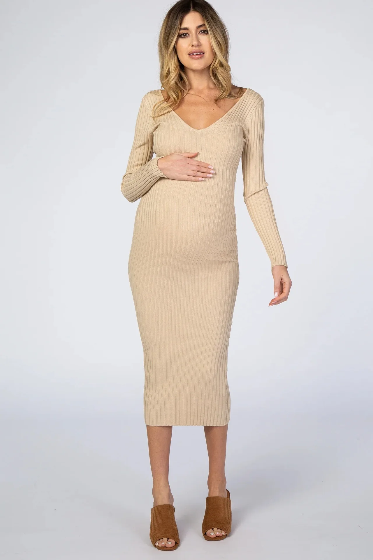 Fashionable Sexy Slim V-Neck Long Sleeve Maternity Dress Solid Color Comfortable Simple High Stretch High Texture Long Skirt