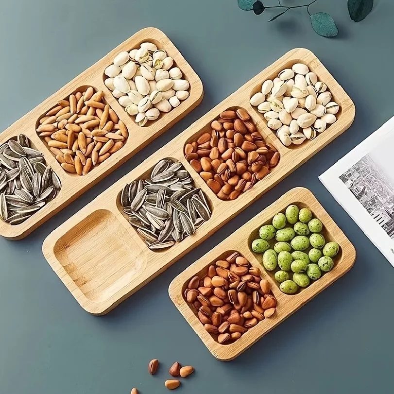 

1pc Bamboo 4-Section Snack Serving Tray - Ideal for Nuts, Fruits, and Candies , Dining Area, or Zen Tea Room Decor