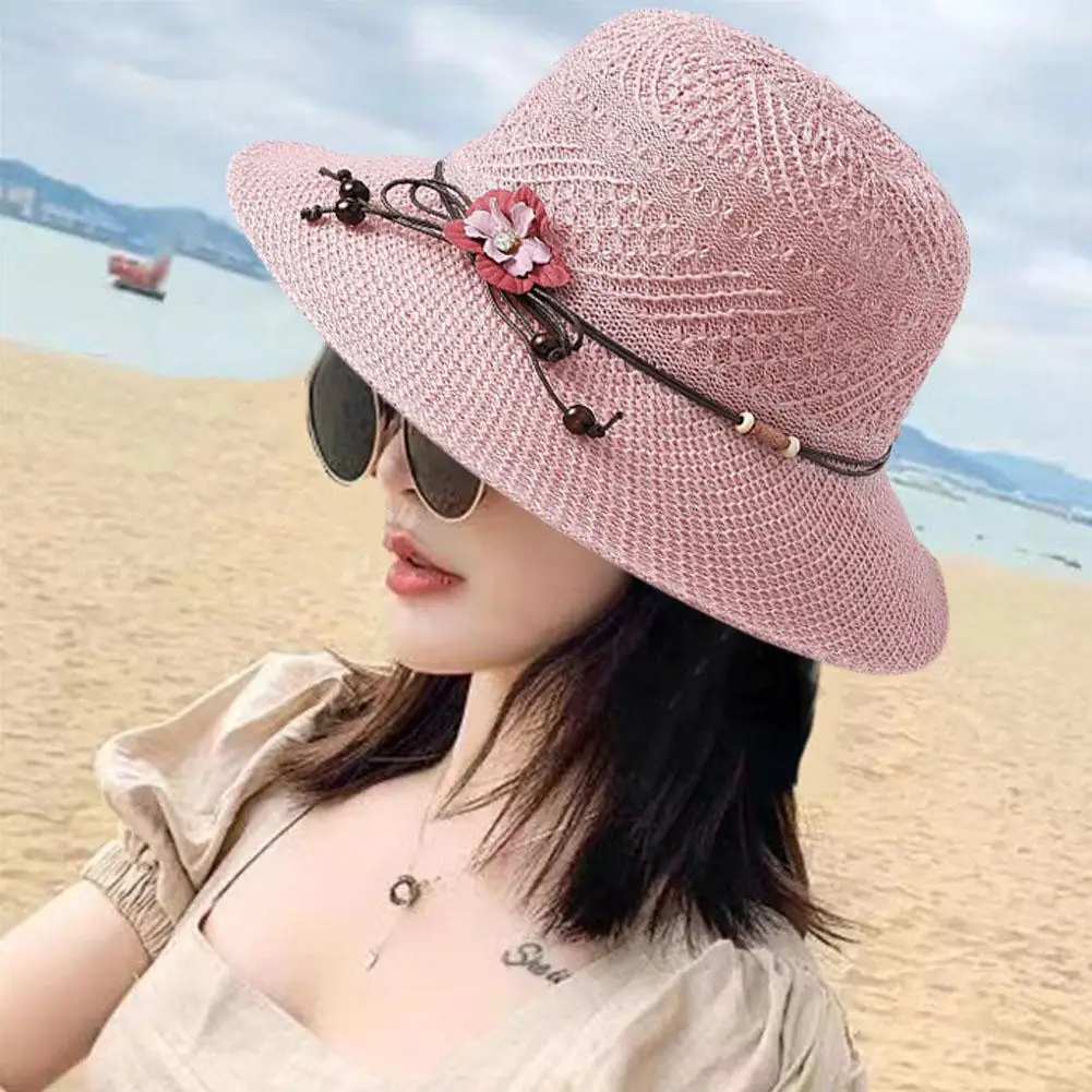 

1pcs Women's Sun Hat Breathable Spring/Summer New Outdoor Sunscreen Beach Basin Hat Sunshade Flower Bow Straw Hat Foldable Hat ﻿