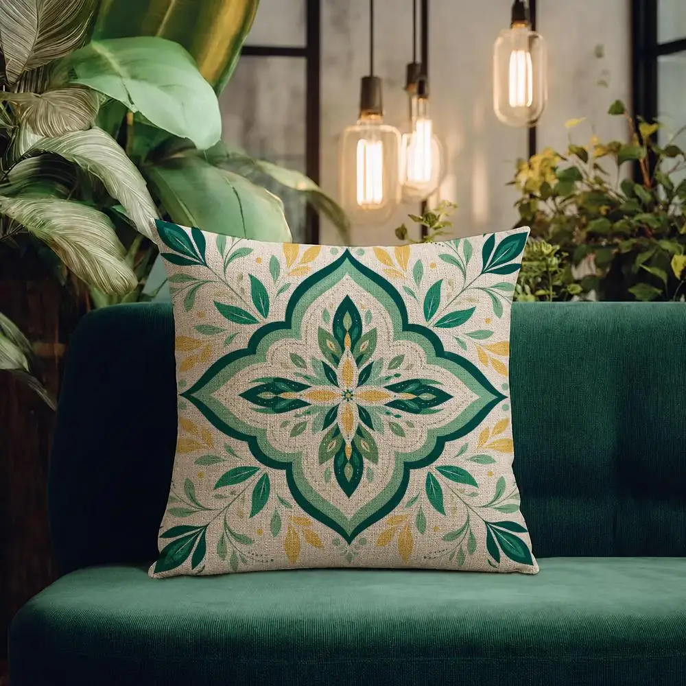 Art Mint-Green Moroccan Mandala Cushion Cover Natural Linen Pillowcase Set Cushion Cover for Sofa Bedroom Chair
