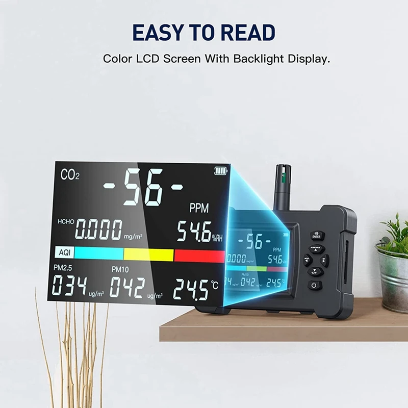 Monitor de Qualidade do Ar Atualizado para Formaldeído, Sensor Preciso, Detector De CO2, 8 em 1, PM2.5, PM10