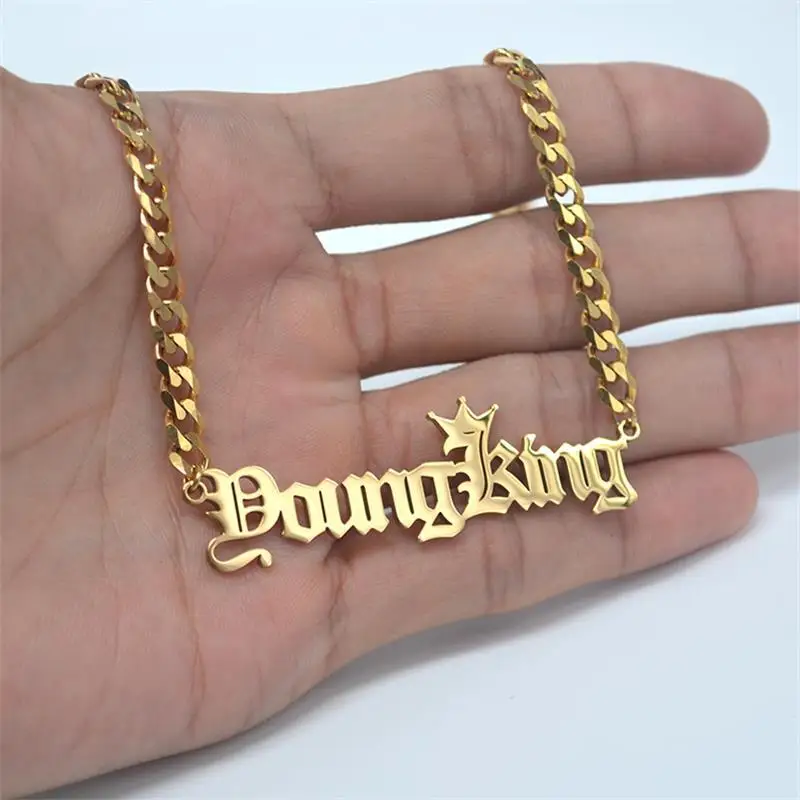 

Stainless Steel Custom Necklace DIY Old English Name 5mm/5cm Cuban NK chain 18K Plate Necklace Men Women Hip-hop Necklace