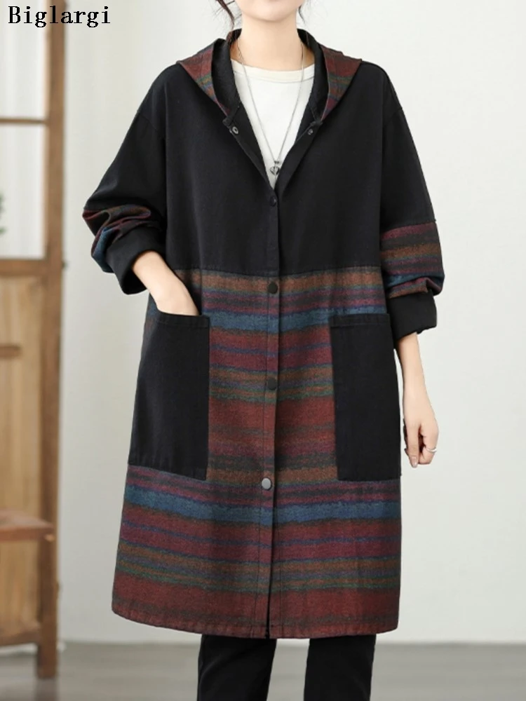 

Джинсовое осеннее пальто большого размера с капюшоном, женское модное свободное пальто с цветочным принтом, повседневные женские куртки, женские пальто с длинными рукавами