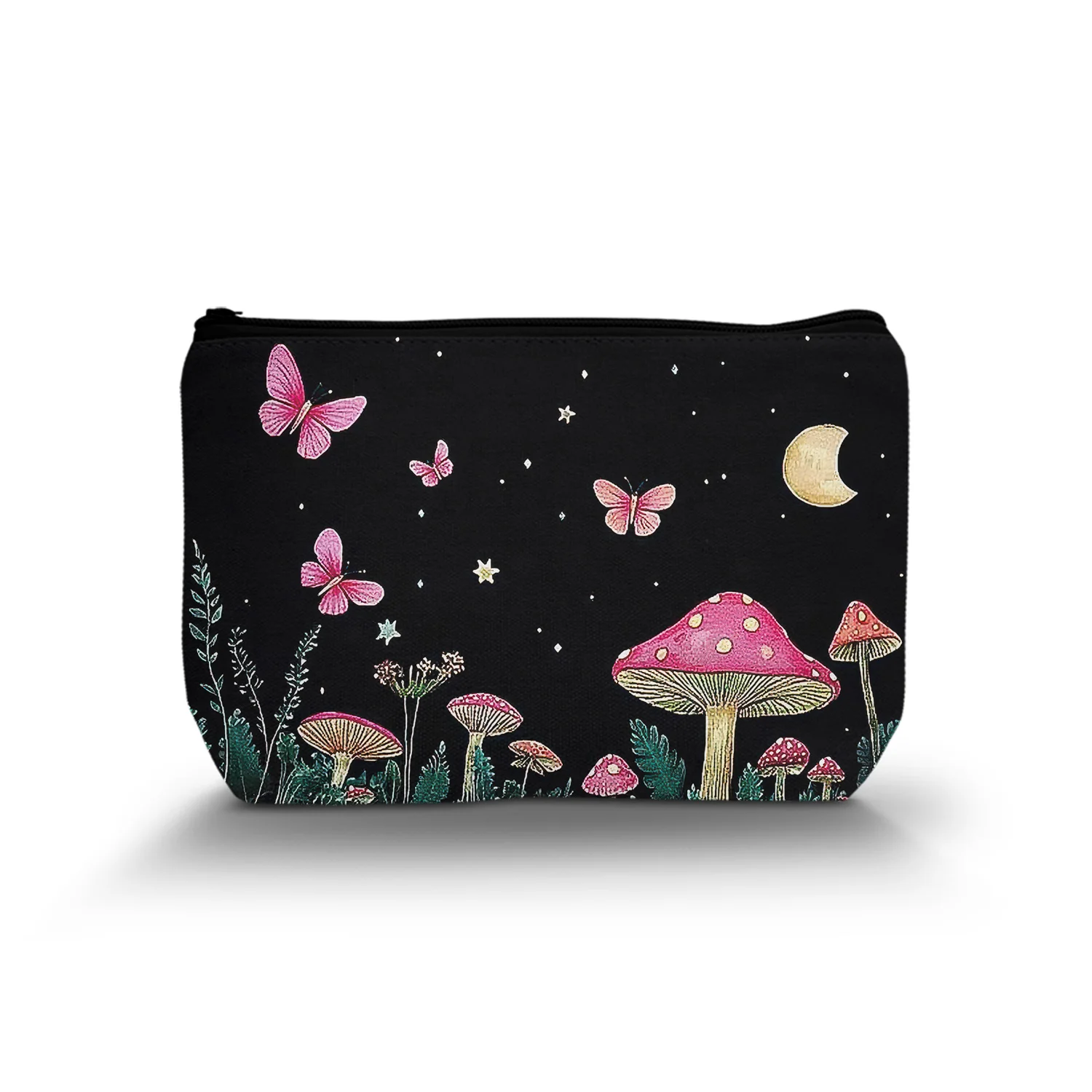 1Pc Night Mushroom Butterfly Plant Starry Sky Moon Cosmetic Bag Abstract Aesthetic Art Style Cosmetic Bag With Zipper