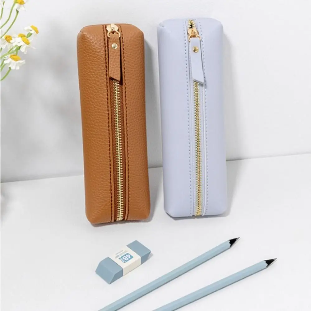 Zipper Vintage Leather Pencil Bag Desktop Organizer Large Capacity Pen Case Storage Bag Waterproof High-end Pencil Pouch Holder