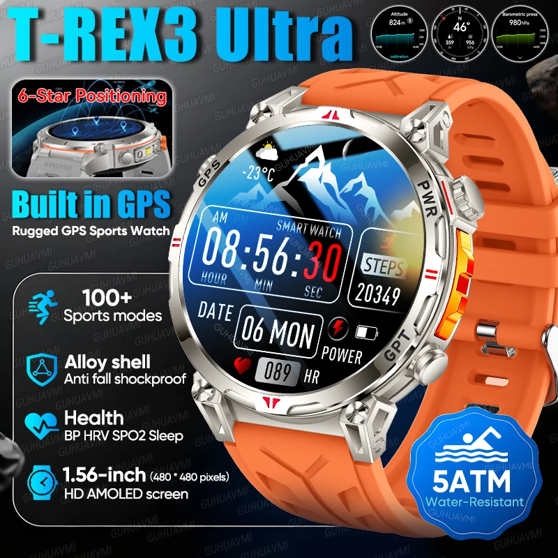 2025Новые T-Rex3 военные GPS умные часы для мужчин 1,56-дюймовый AMOLED-экран со встроенным GPS 5ATM водонепроницаемые умные часы для занятий спортом на открытом воздухе