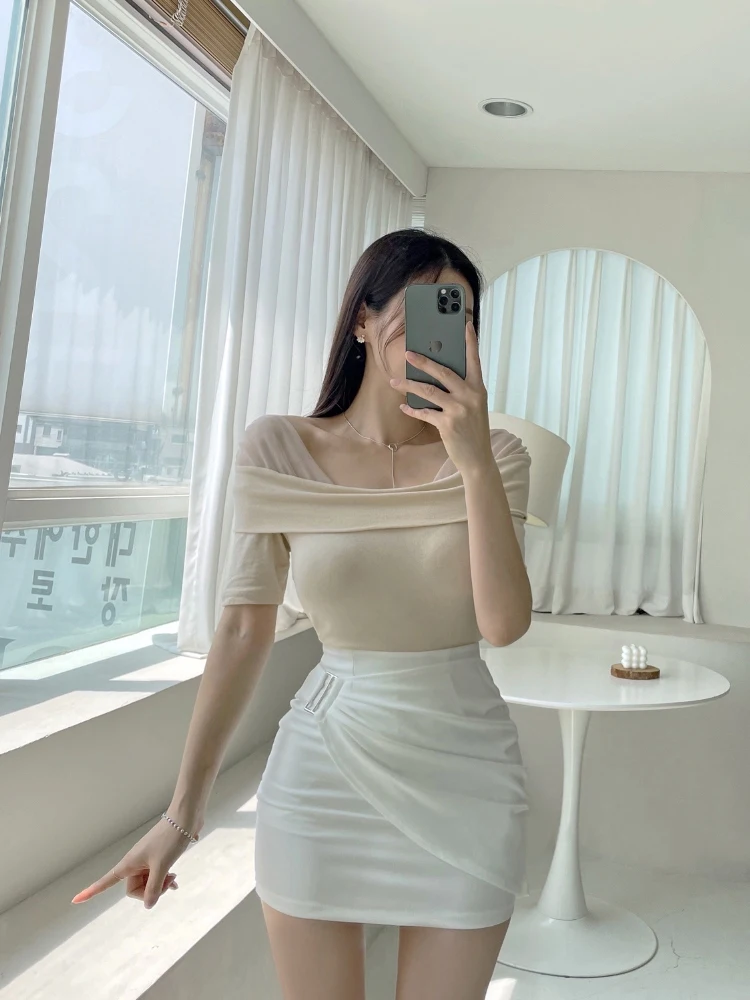 Gonna bianca per pendolari OL ort Gonna aderente a pieghe a vita alta elastica attillata estiva da donna coreana Sle