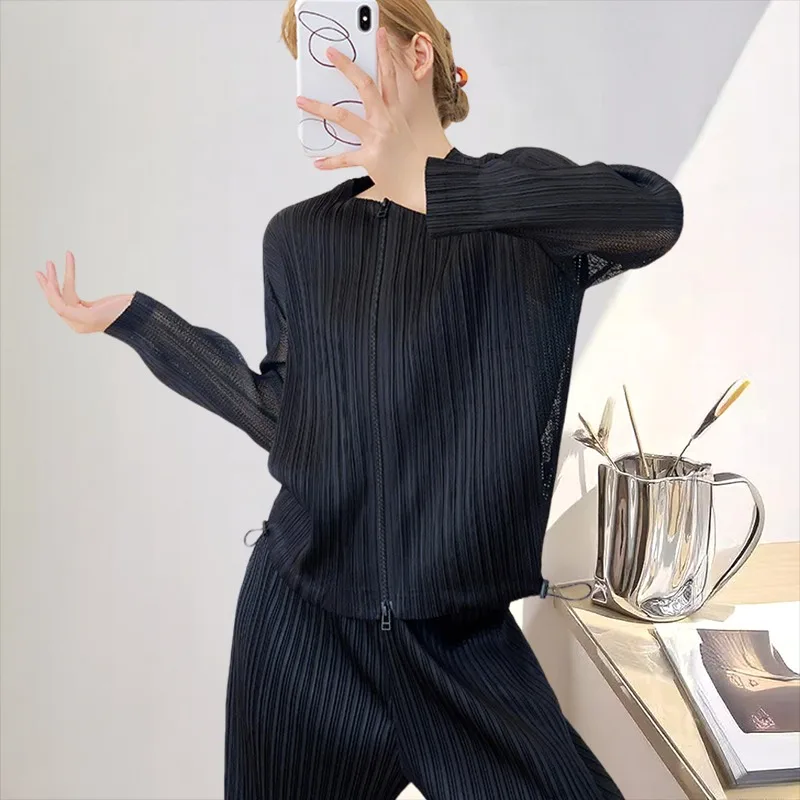 

Miyake Pleated Outerwears Round Neckwomen's Jackets Outer Mesh Splicing Short Zipper Sun Protection Jacket Breathable Top Female