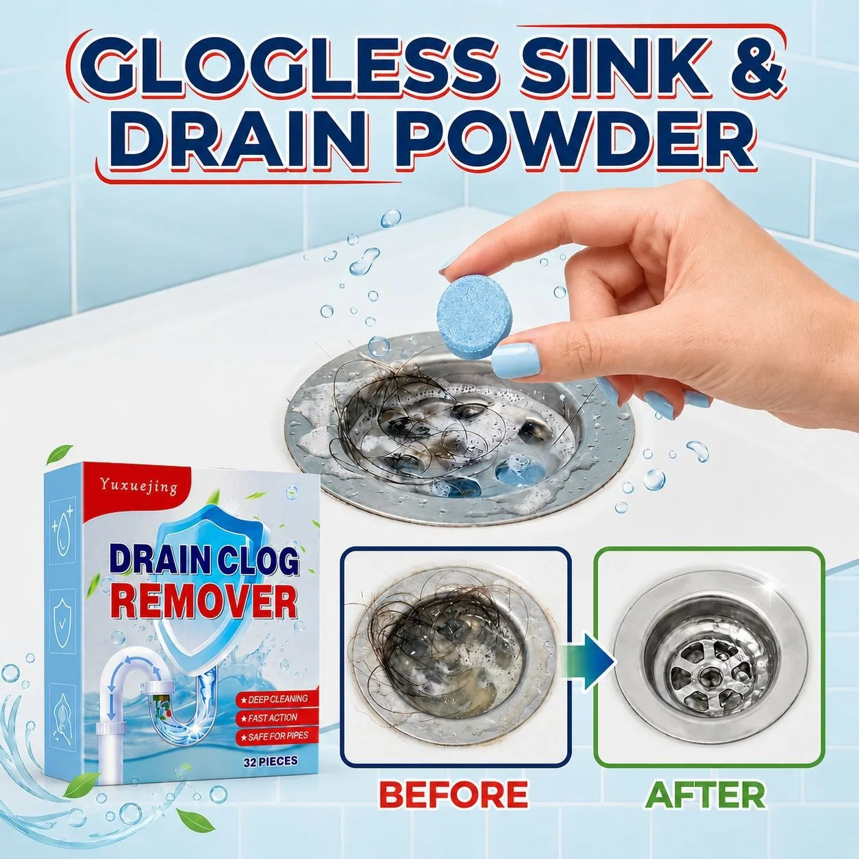 Blue pipeline cleaning sheet quickly clears oil stains, hair, and sewage effervescent sheet