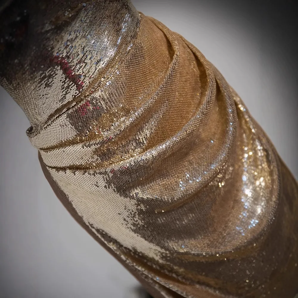 Sereia vestidos de noite lantejoulas douradas sem mangas rendas tapete vermelho brilhante celebridade vestido de baile fora do ombro sem costas vestido de festa