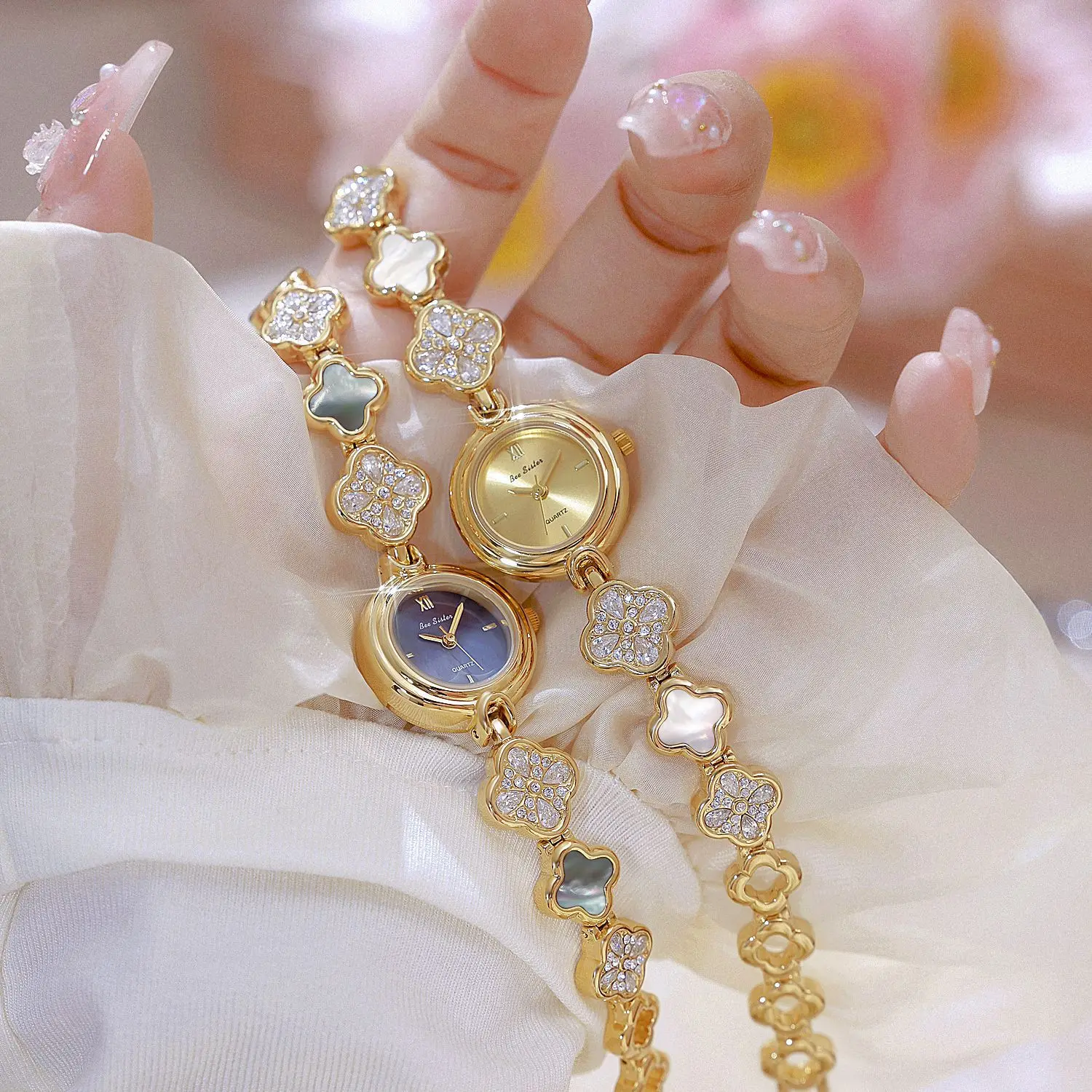 

Elegant women's wristwatch, new natural mother-of-pearl premium cherry blossom pink watch, perfect as a women's gift.