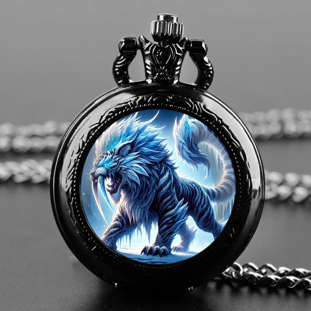 Saber-tooth Tiger Design Glass Dome Quartz Pocket Watch With Durable Chain Arabic Numeral Dial For Men And Women Creative Gifts