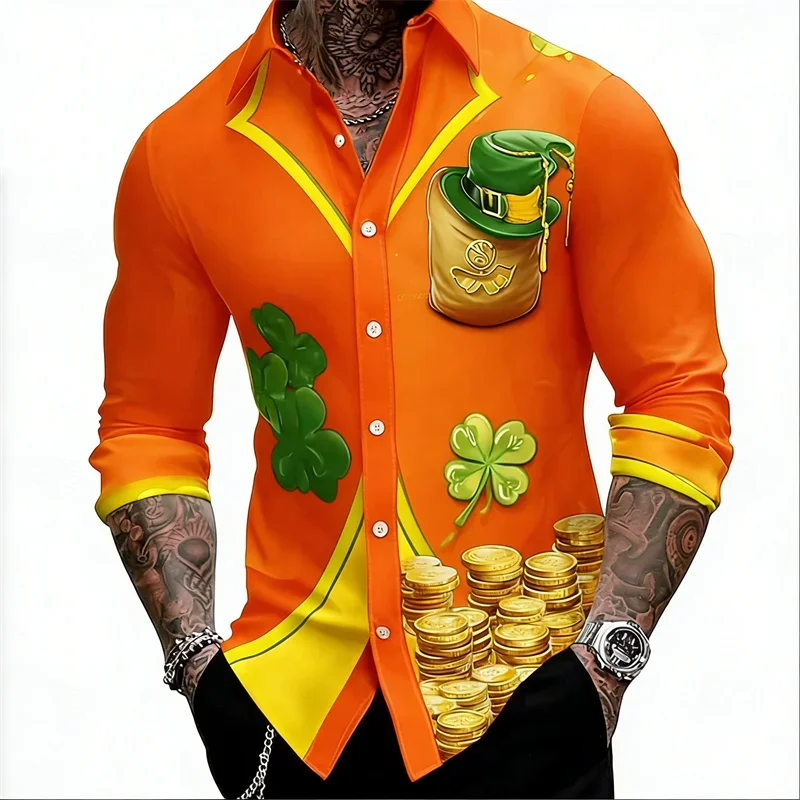 The New Shirt Features an Image of a Gold Coin and a Three-leaf Clover Pattern, and Is a Stylish and Luxurious 3D Printed Short-