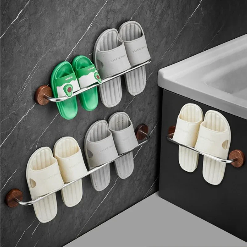 Walnut 304 Stainless Steel Bathroom Slipper Rack with Towel Bar Wall-Mounted No-Drill Entryway Storage Rack