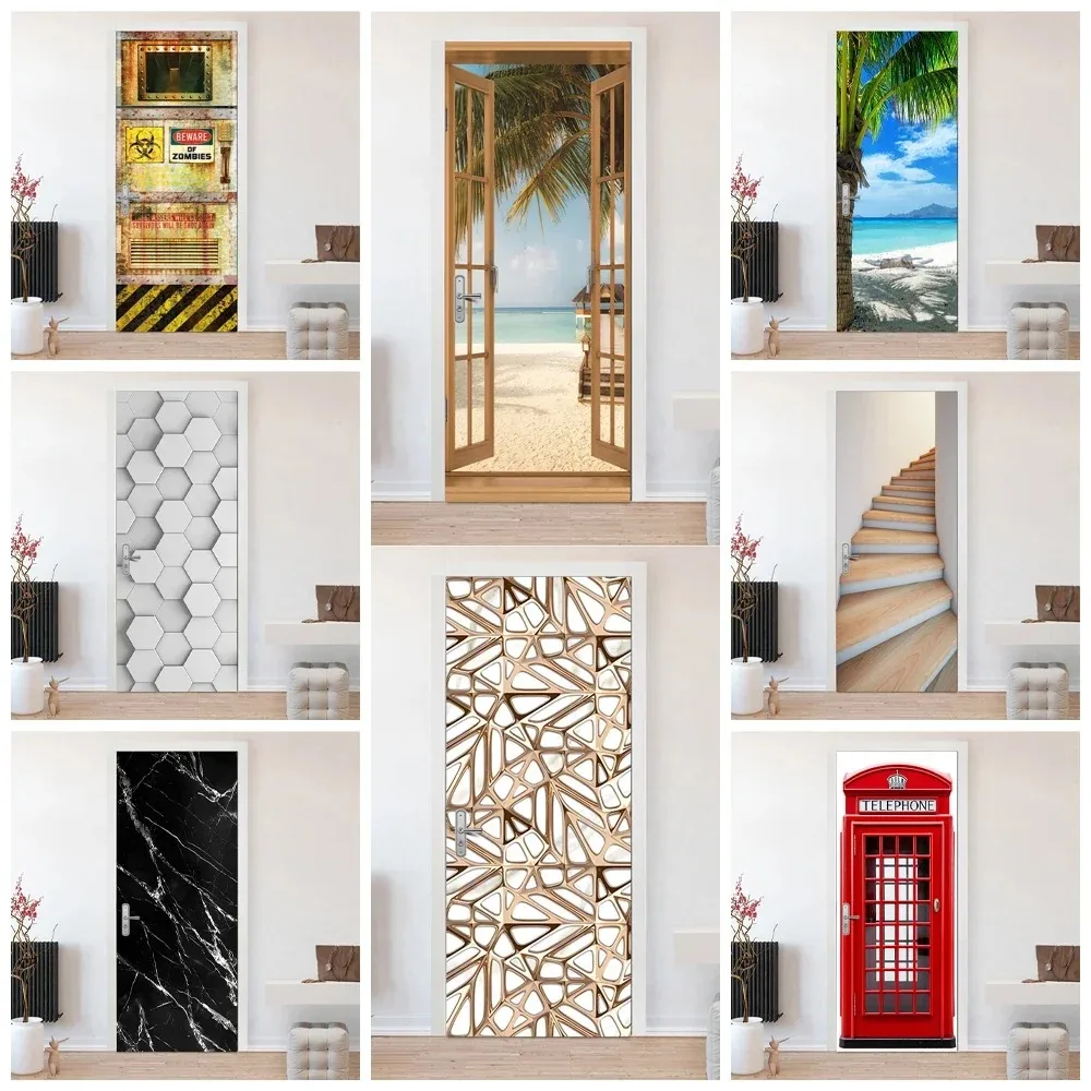 Custom Seaside Landscape Door Sticker Geometric Abstract Still Life Removable Wallpaper Home Bedroom Door Poster Cover Decor
