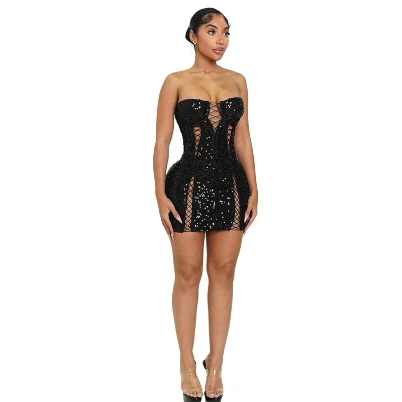 Doyerl Glitter Sequin Dress Woman Birthday Rave Strapless Lace-up Hollow Out Night Club Party Bandage Bodycon Mini Dress Vestido