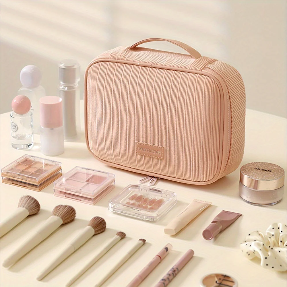Large Capacity Striped Makeup Bag Portable Toiletry Bag Square Makeup Bag with Handle for Travel Bathroom Daily Beauty Organizer