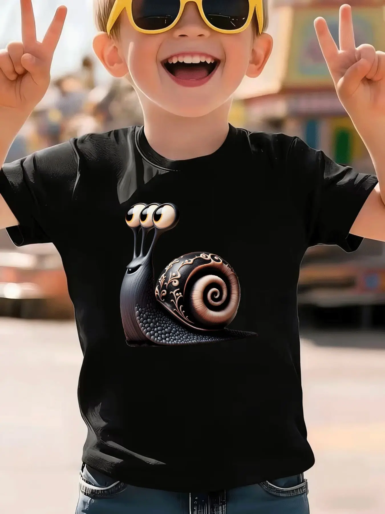 Children's Summer Leisure Trendy Cute Three Eyed Snail Pattern T-shirt Summer Holiday Gift Daily Parent Child Wear