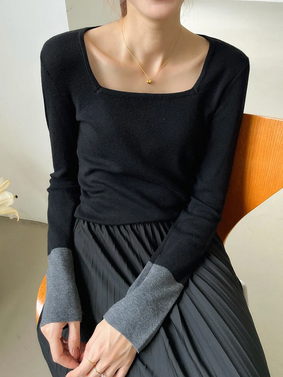 

Chic Autumn Winter Long Sve Splice Design Square Collar Overhead Base irt Women's Sweater Slimming Top OL Sle Commute ...