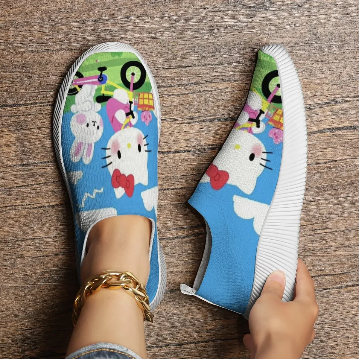 

Cute Cartoon Rabbit Hello Kitty Slip-On Sneakers for Kids Spring Women's Flat Shoes Breathable Sneakers Ladies Round Toe Loafers